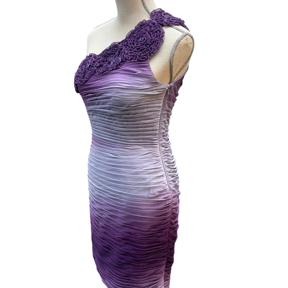 Adrianna Papell Purple Ombre One Shoulder Rosette Shutter Pleat Dress (6/8) - Picture 7 of 15